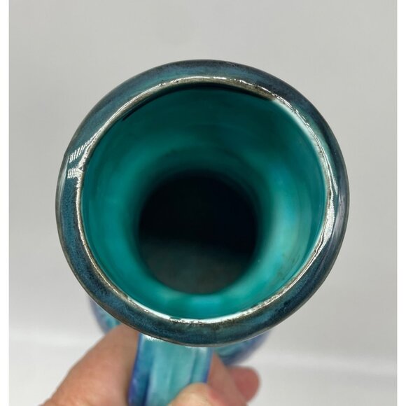 MCM Japan Turquoise & Cobalt Blue Floral Ceramic Pitcher Vase 7.5" With Handle - Picture 5 of 11